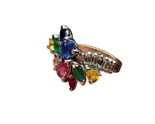 18 Karat White Gold Multi-Color Sapphire Diamond Ring 5+ ct