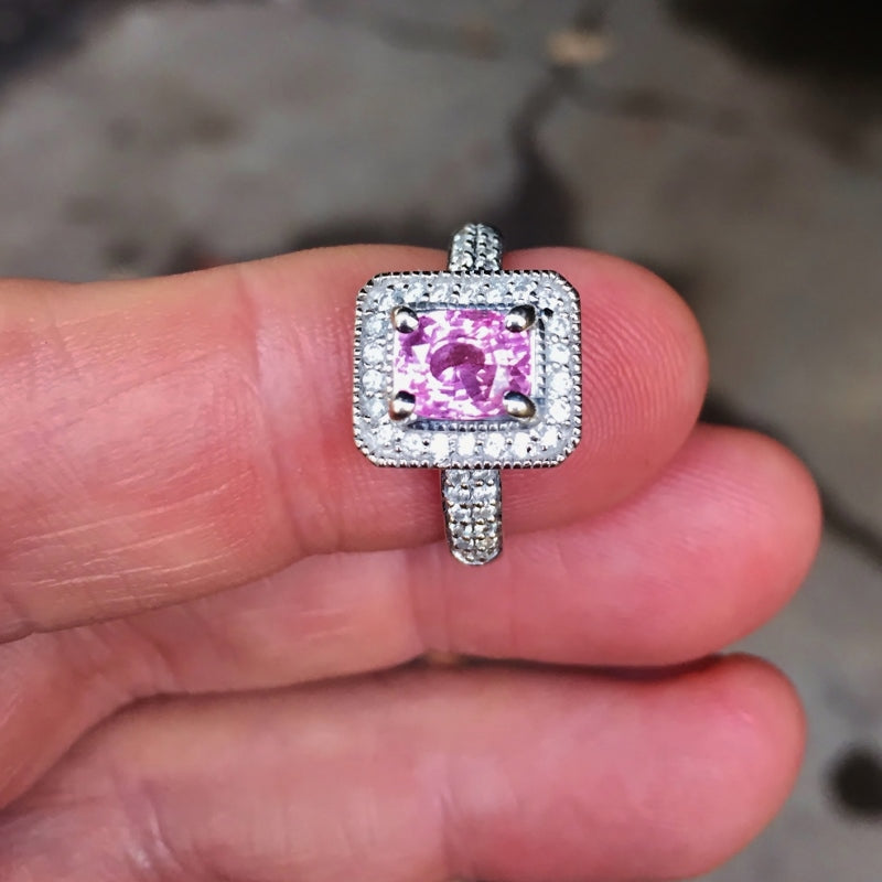 Estate Bright Pink Ceylon Sapphire Diamond 14 kt White Gold Ring