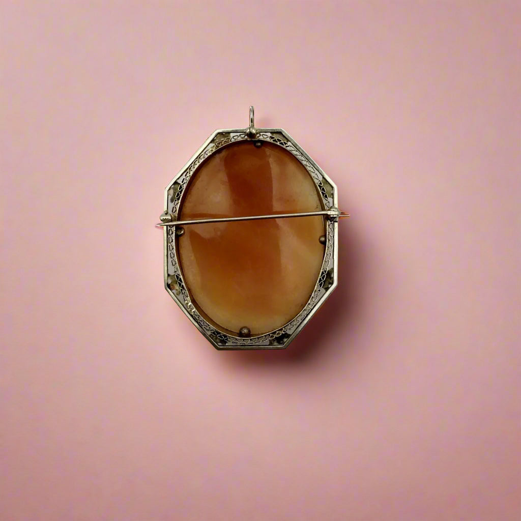 Antique Shell Cameo Brooch — 14K White Gold