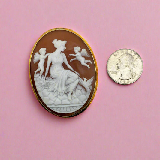 Antique! Extra Large Shell Cameo Pin 14-karat Yellow Gold