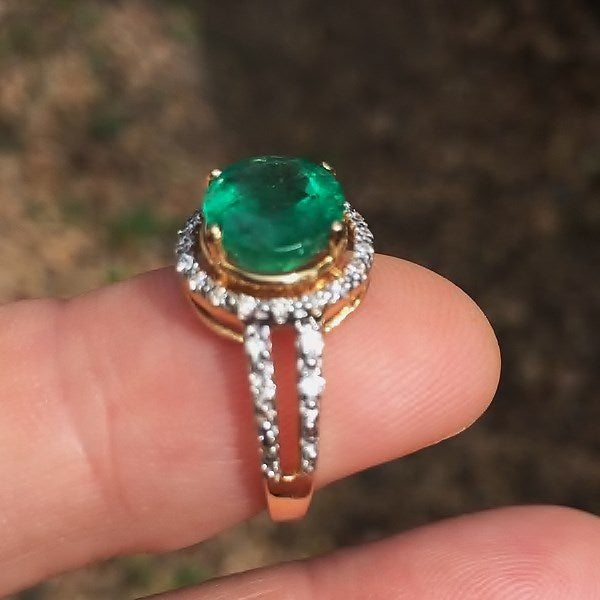 Fine Color! Colombian Emerald & Diamond Ring 14 kt
