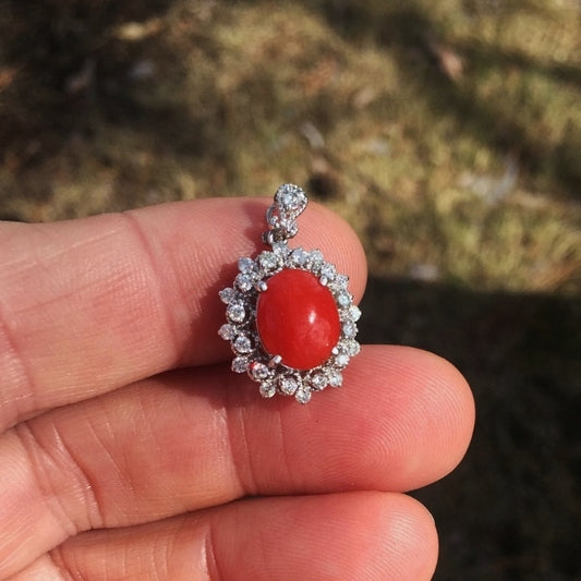 Vintage Sardinian Ox Blood Coral & Diamond Pendant 14kt White Gold