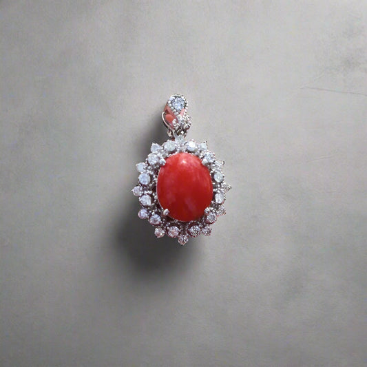 Vintage Sardinian Ox Blood Coral & Diamond Pendant 14kt White Gold