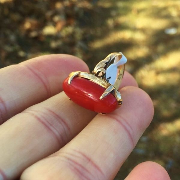 Antique! Victorian Sardinian Ox Blood Coral 18kt Gold Ring
