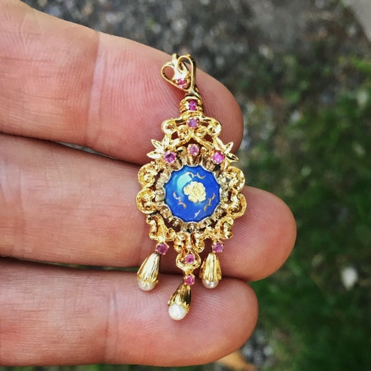 Antique! Georgian Period 18 kt Pearl, Ruby & Enamel Pendant GL