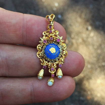Antique! Georgian Period 18 kt Pearl, Ruby & Enamel Pendant GL