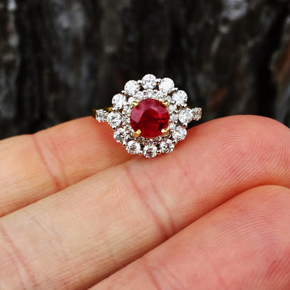 Color & Quality! Spectral Red Ruby & Diamond Ring 18 kt