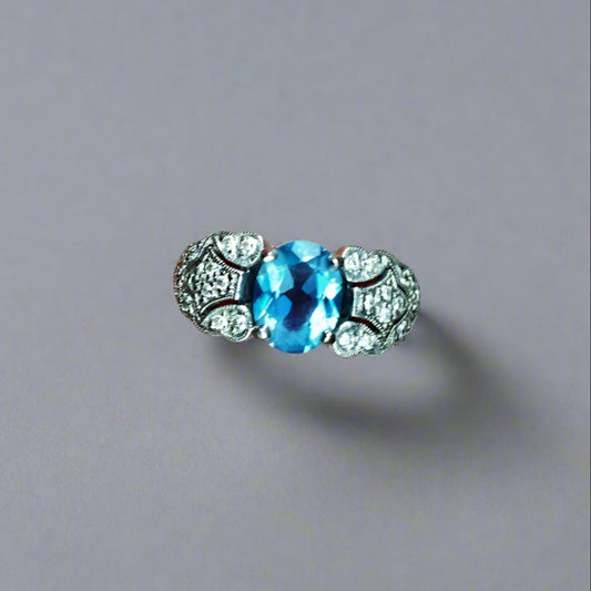 Strong Color! Blue Aquamarine Diamond Ring 14kt.