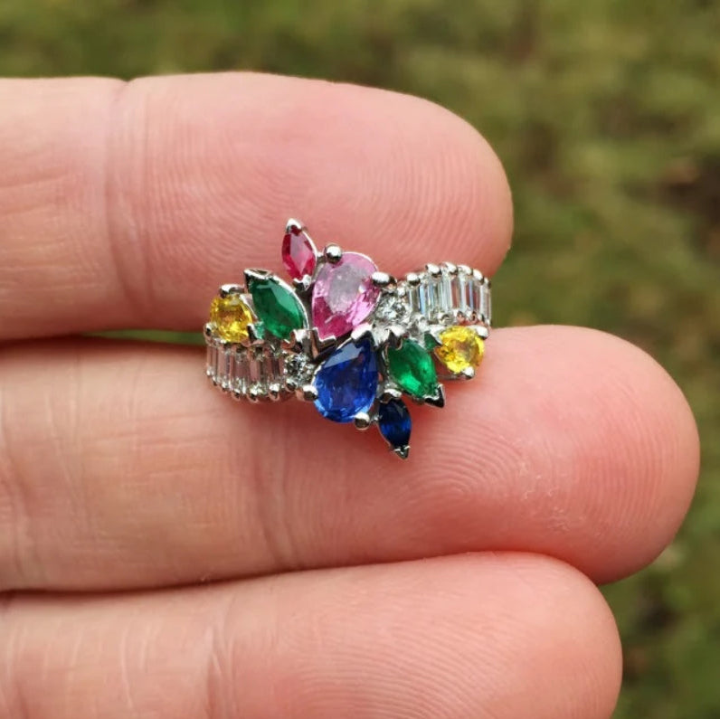 18 Karat White Gold Multi-Color Sapphire Diamond Ring 5+ ct