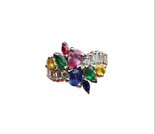 18 Karat White Gold Multi-Color Sapphire Diamond Ring 5+ ct