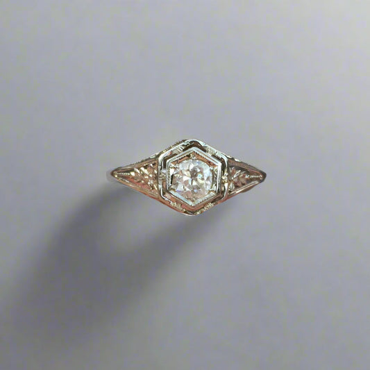 Antique! 18kt White Gold Euro Cut Diamond Ring