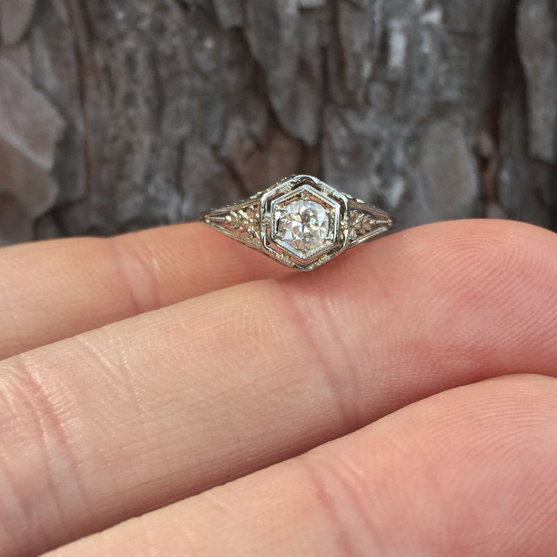 Antique! 18kt White Gold Euro Cut Diamond Ring