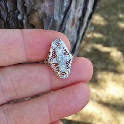 Antique! 18kt White Gold Filigree Diamond Ring