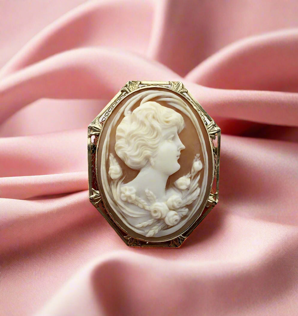 Antique Shell Cameo Brooch — 14K White Gold