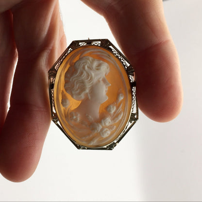 Antique Shell Cameo Brooch — 14K White Gold