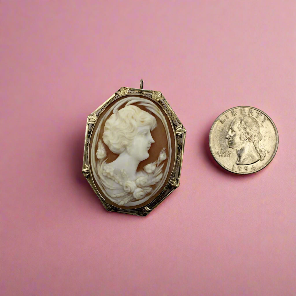 Antique Shell Cameo Brooch — 14K White Gold