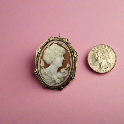 Antique Shell Cameo Brooch — 14K White Gold