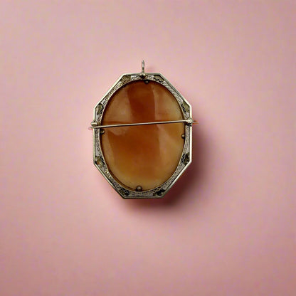 Antique Shell Cameo Brooch — 14K White Gold