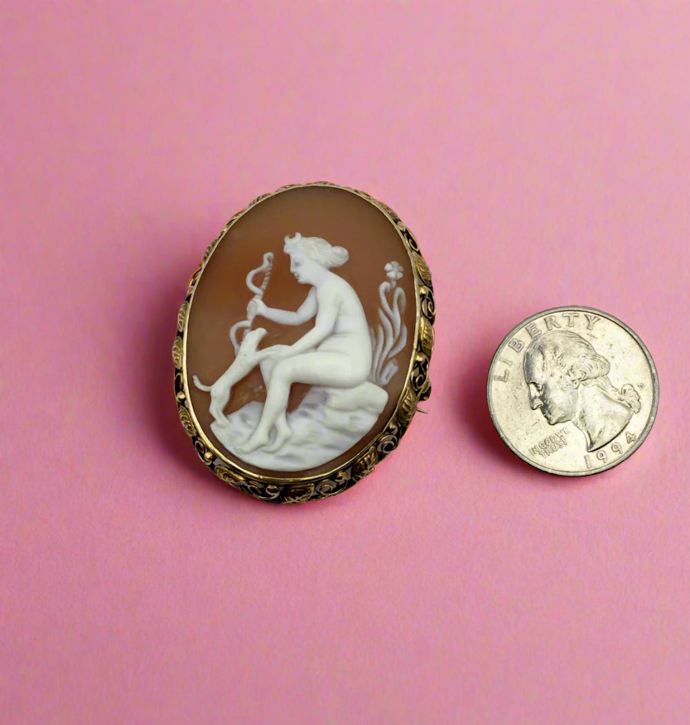 Antique! Extra Large Shell Cameo Pin 10-karat Yellow Gold