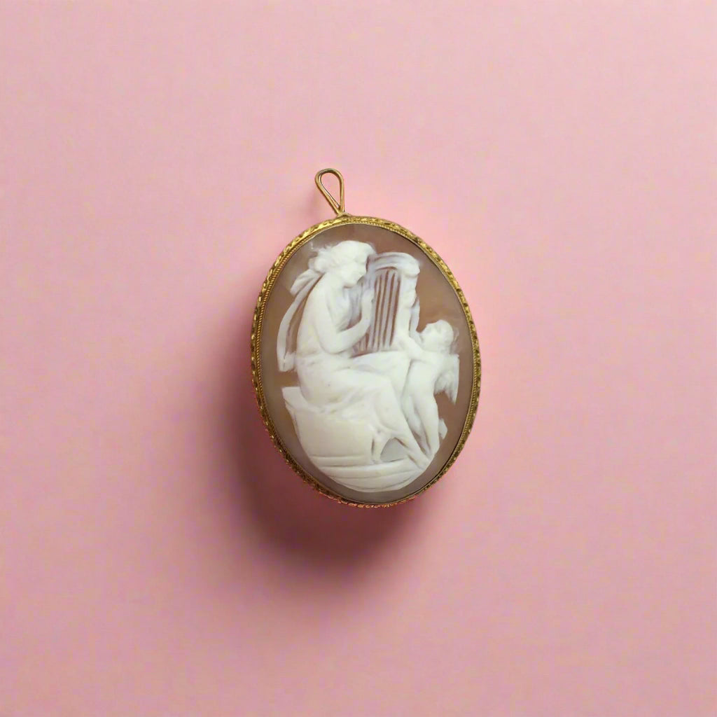 Antique! Large Shell Cameo Pin -Pendant 14-karat Yellow Gold
