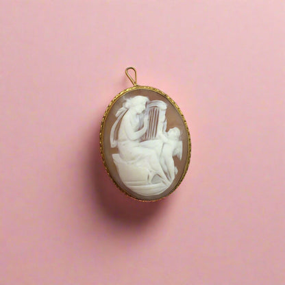 Antique! Large Shell Cameo Pin -Pendant 14-karat Yellow Gold