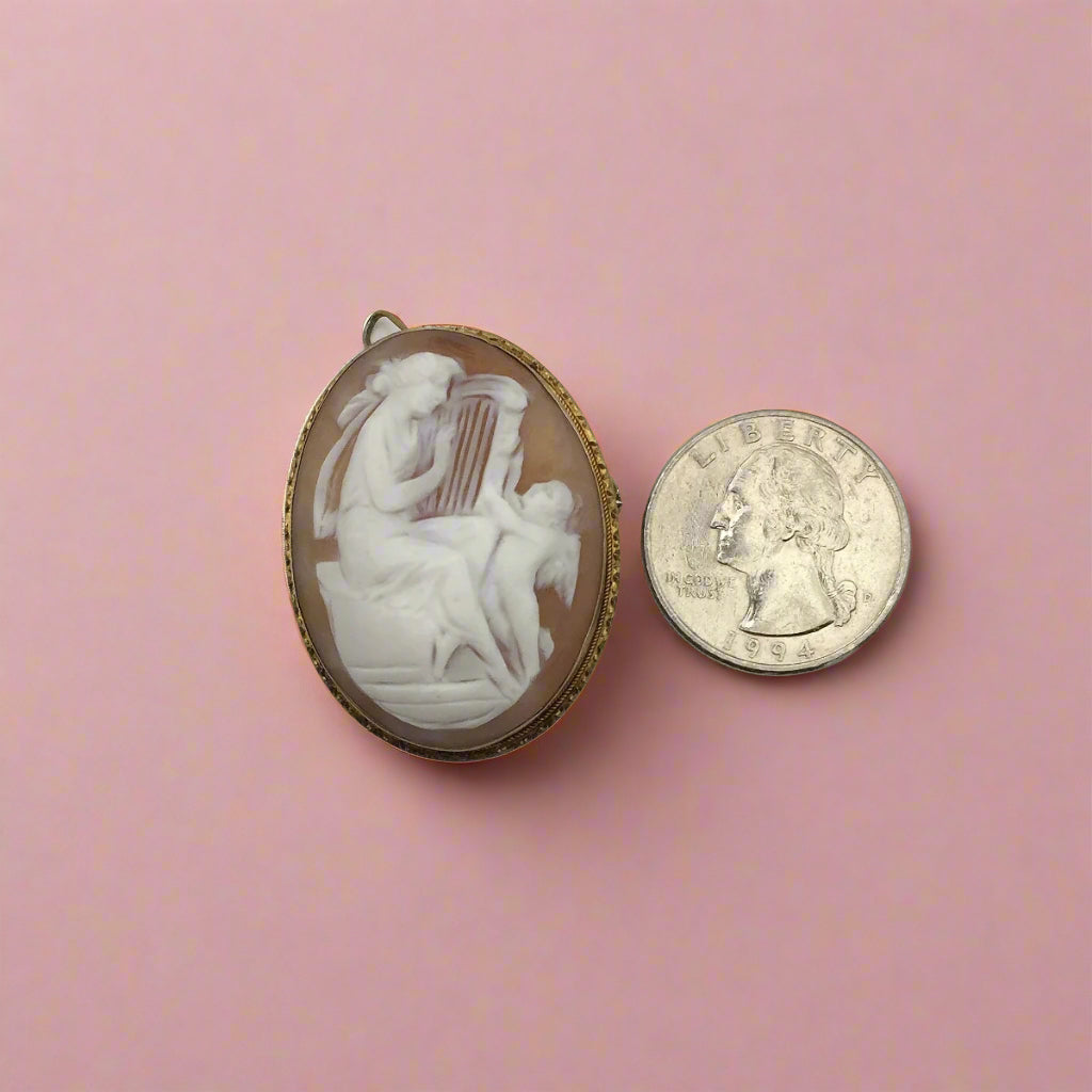 Antique! Large Shell Cameo Pin -Pendant 14-karat Yellow Gold