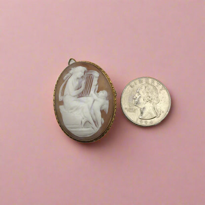 Antique! Large Shell Cameo Pin -Pendant 14-karat Yellow Gold