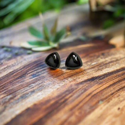 Polished Black Spinel Trillion Cabochon Pair